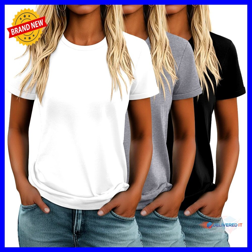 3 Pack Cotton T-Shirts Short Sleeve Crewneck Loose Fit Casual Tunic Tops